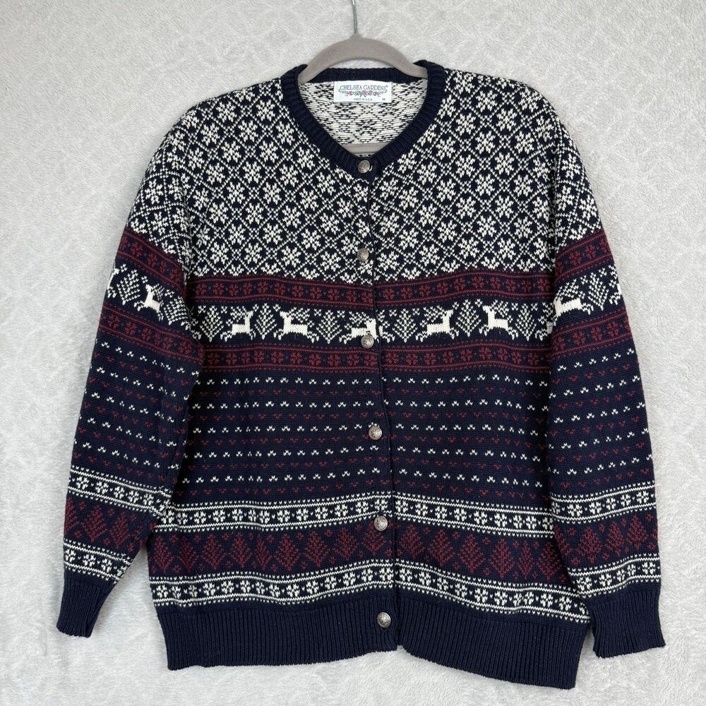 Vtg Fair Isle Cardigan Sweater Womens M Blue Cozy Cabincore Holiday Christmas